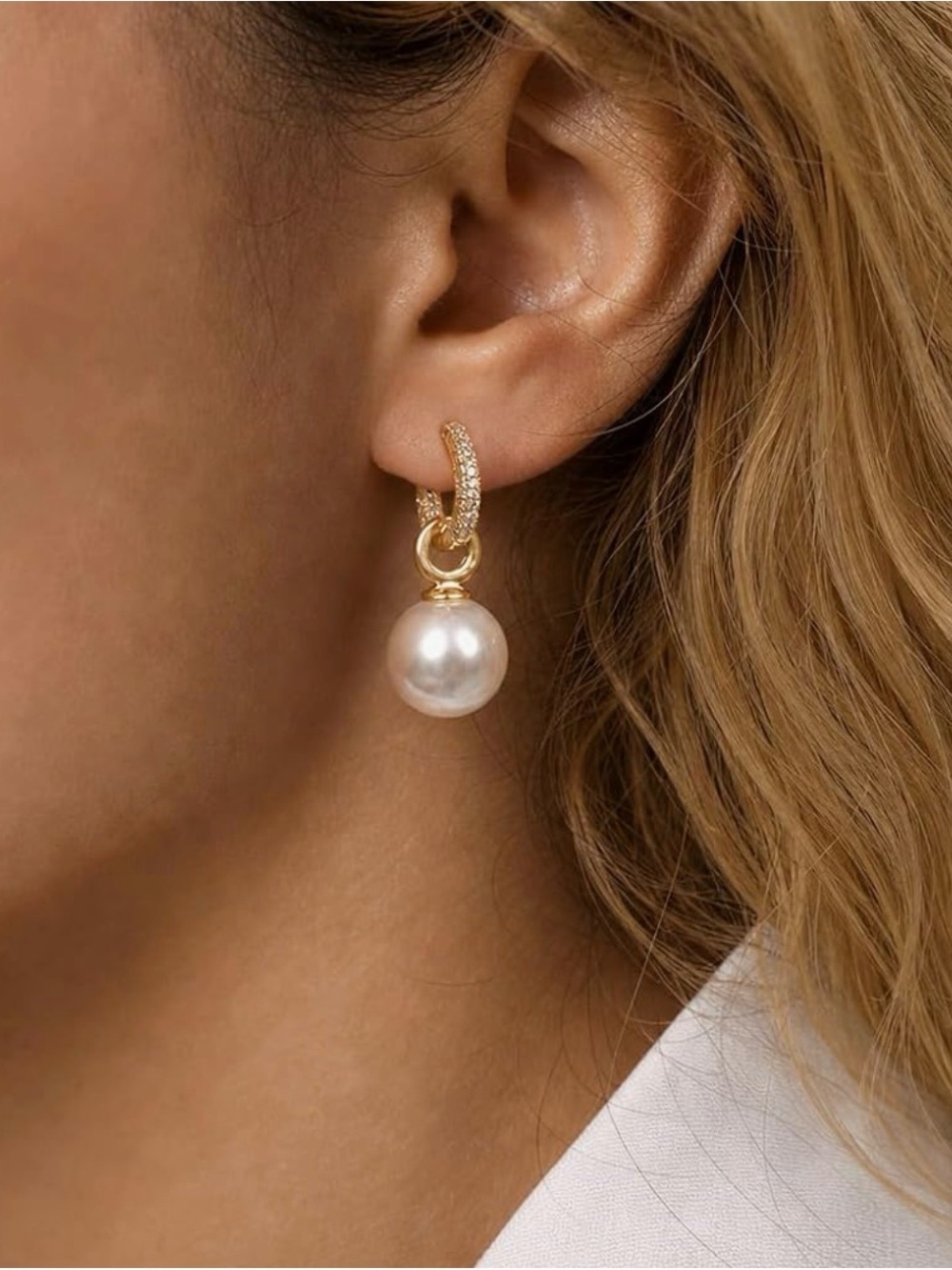 NEW 14k Gold Plated Pearl Drop Hoop Earrings